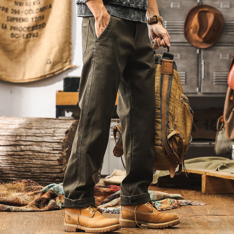 美式重磅雙股紗休閒褲男秋季寬鬆直筒復古褲子男石磨水洗牛仔長褲