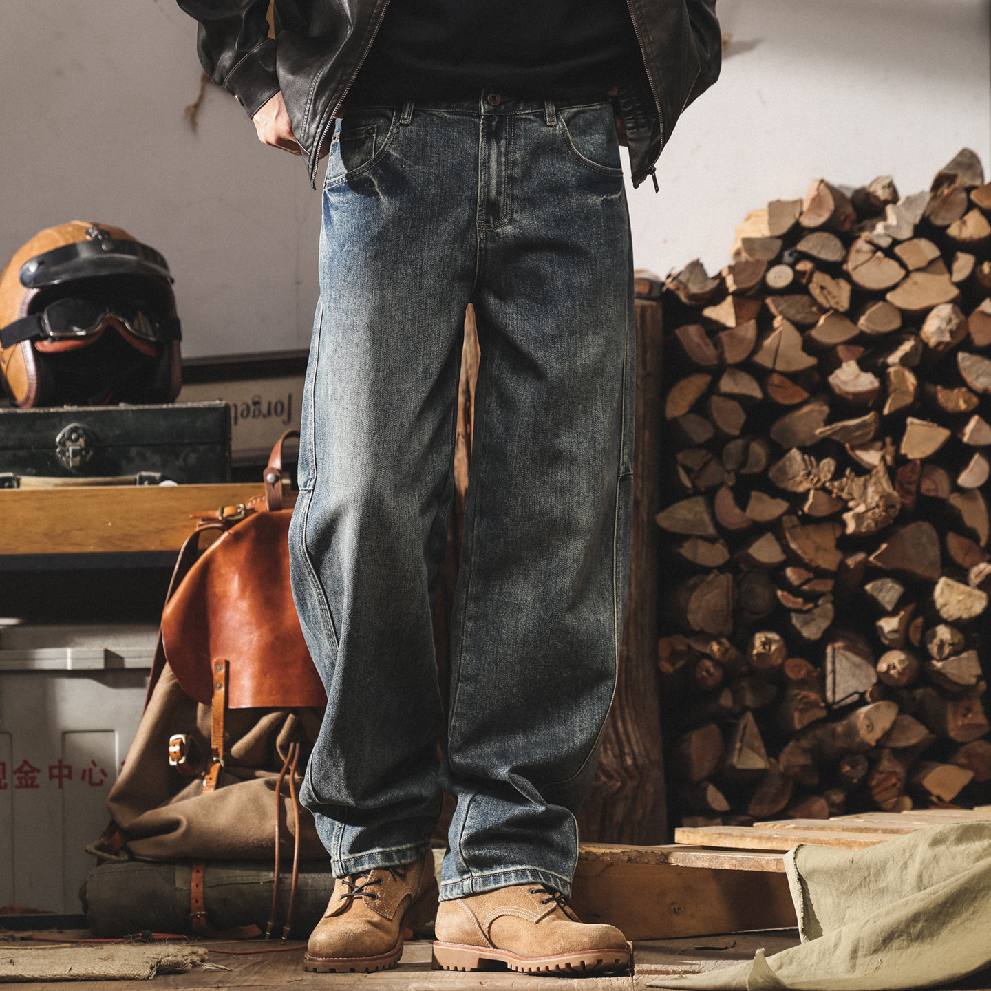 美式復古水洗彎刀牛仔褲男直筒2025新款潮流男士褲子寬鬆休閒長褲