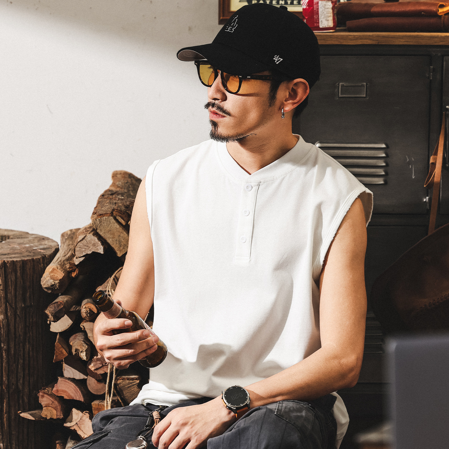 美式復古亨利領無袖白色T恤男夏季寬鬆潮牌坎肩運動健身背心上衣T