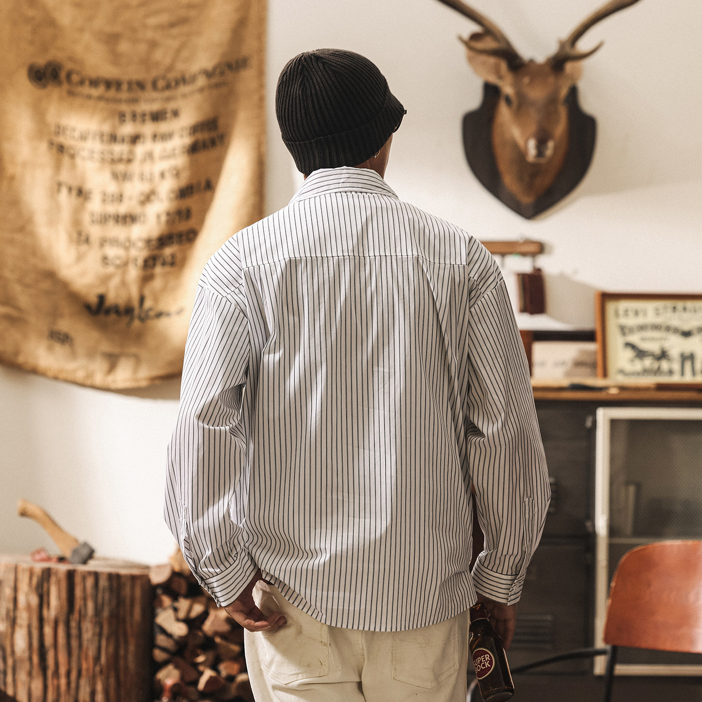 美式復古經典條紋長袖襯衫外套男春季新款高級感假兩件休閒夾克男