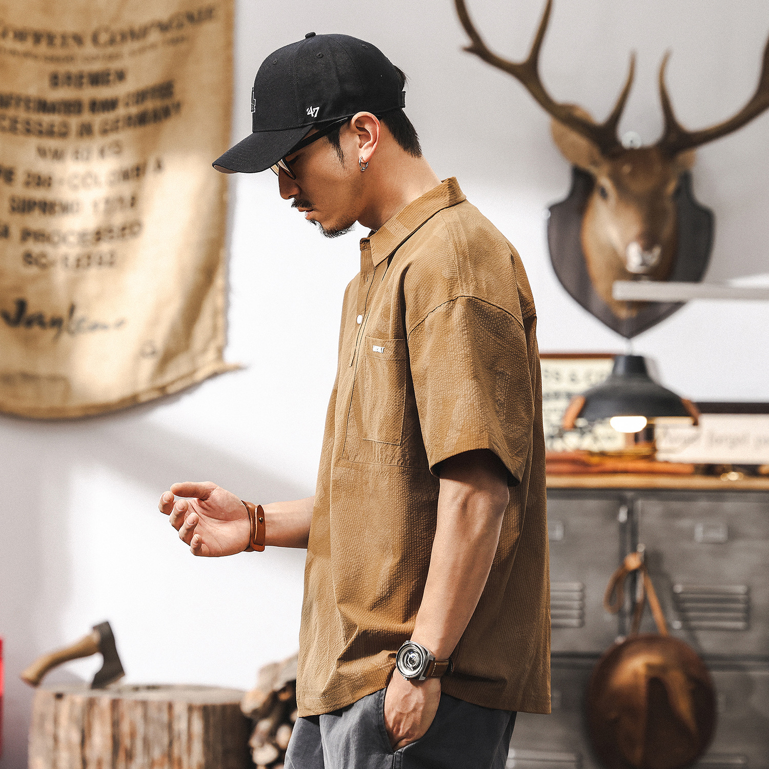 美拉德復古肌理感polo衫男夏季2025新款潮牌寬鬆短袖T恤男士上衣