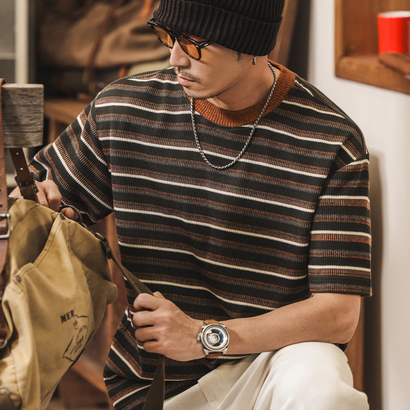 美式復古老錢風針織條紋T恤男夏季短袖2026新款潮流寬鬆休閒上衣