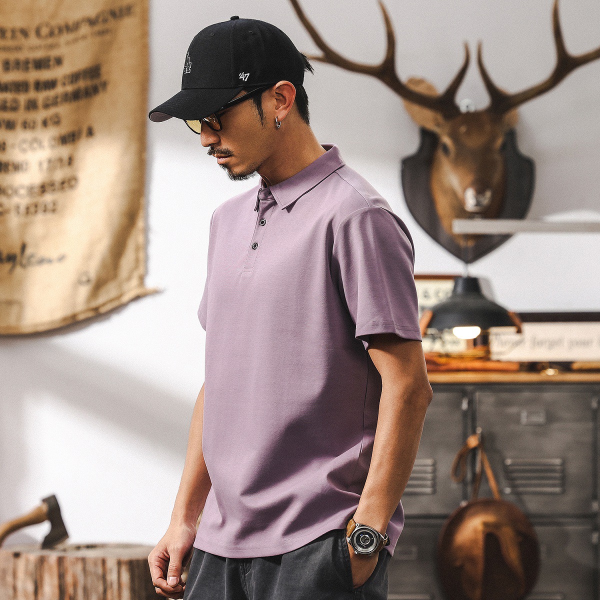 索羅娜冰氧棉夏季T恤男涼感速乾短袖男款潮牌紫色涼感男士POLO衫