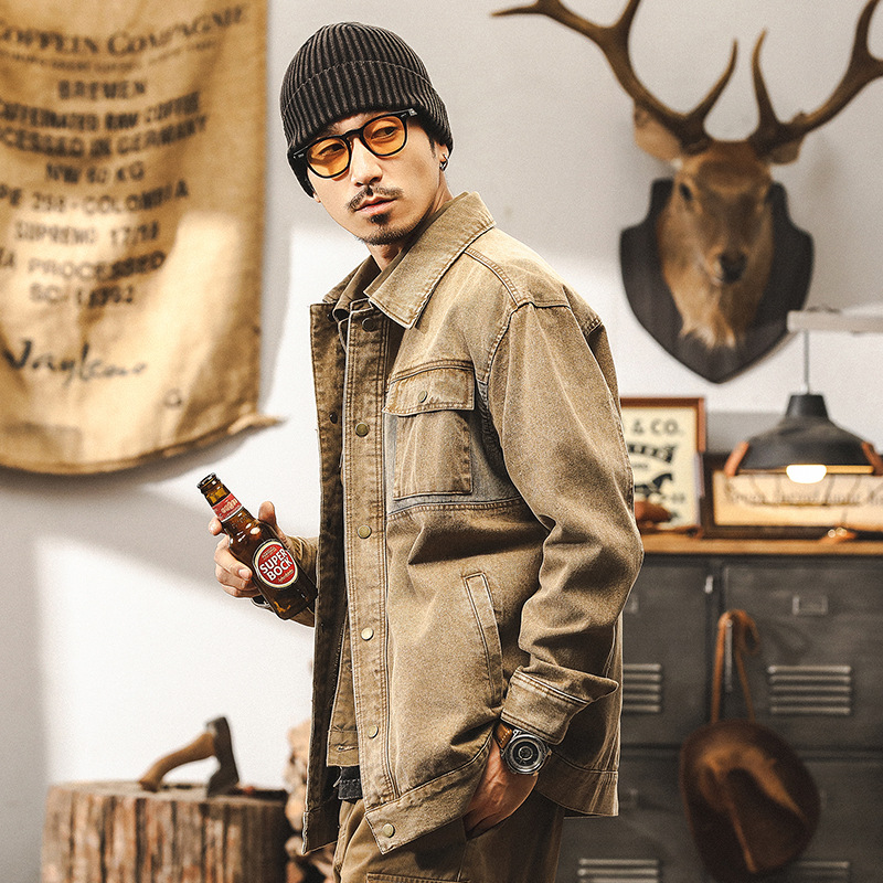 美式復古牛仔外套男春秋新款做舊重水洗寬鬆潮牌阿美咔嘰工裝夾克