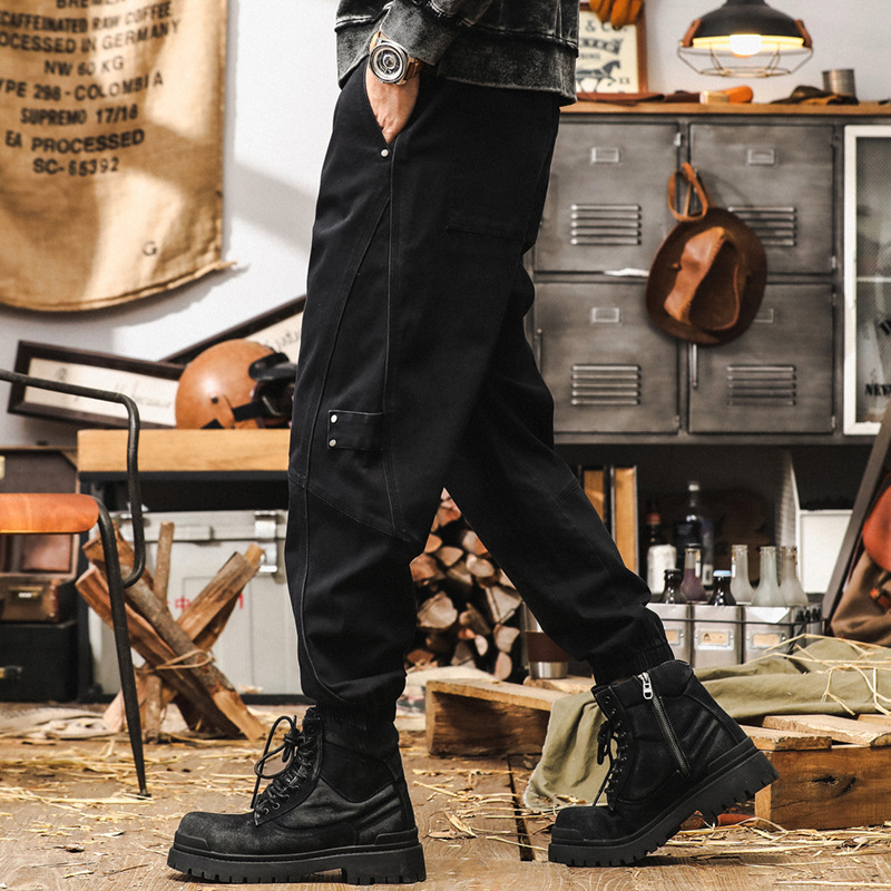 美式復古工裝褲男秋季2024新款潮牌休閒束腳長褲寬鬆水洗黑色褲子