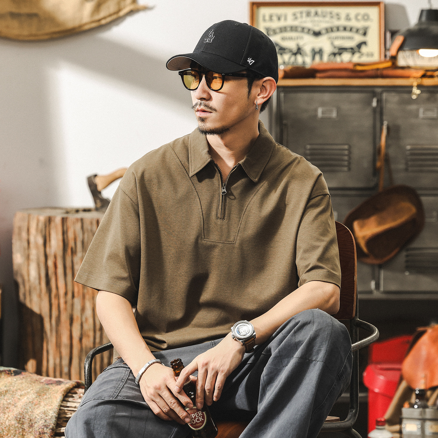 萊賽爾天絲半拉鍊男生短袖polo衫夏季新款潮牌翻領T恤寬鬆上衣男