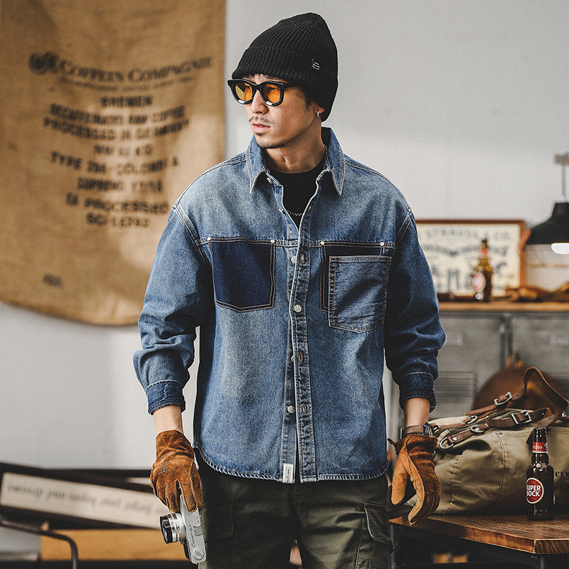 春季新款牛仔外套男春秋款潮牌高級感痞帥工裝夾克設計款長袖襯衫