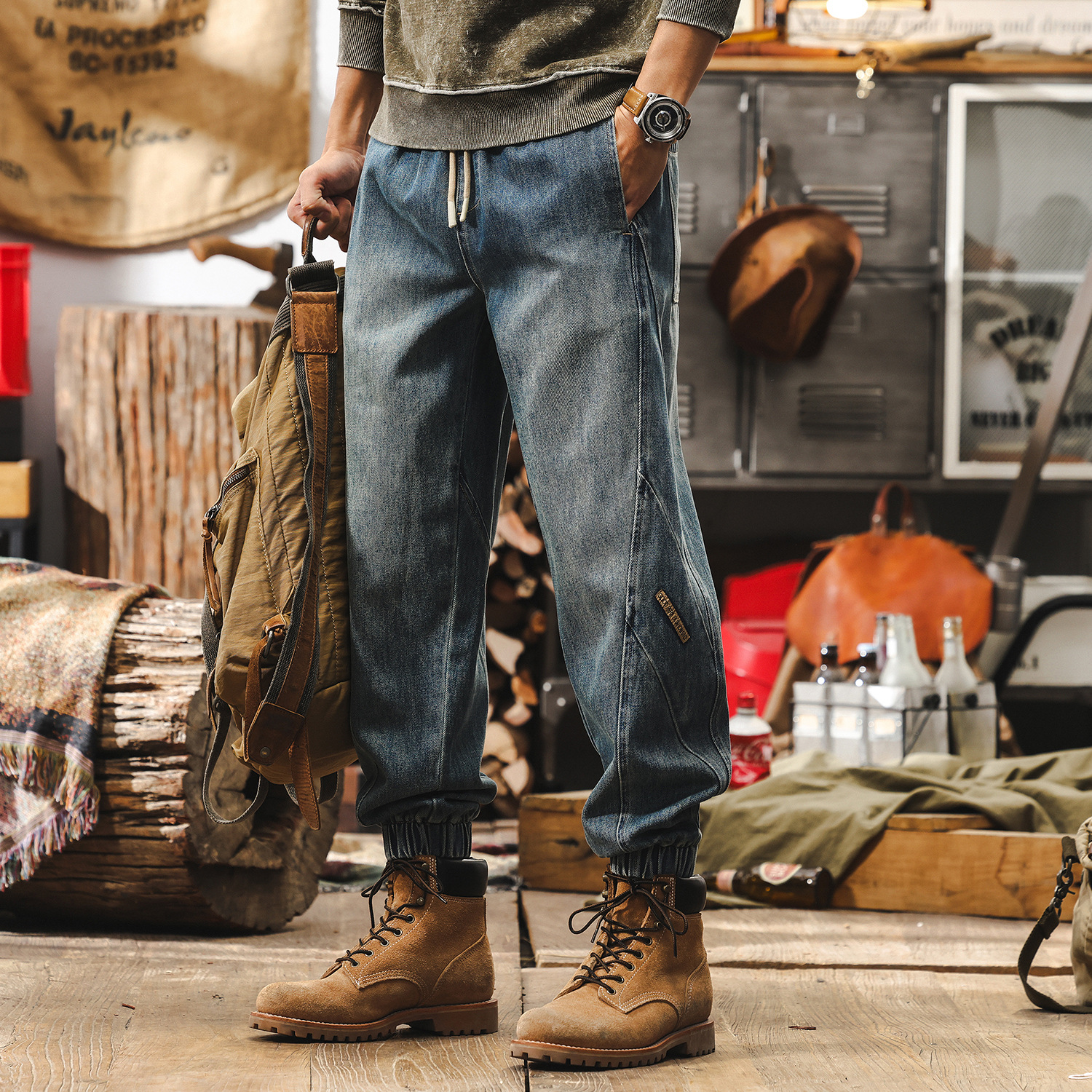 萊賽爾薄款褲子男夏季美式復古2025新款寬鬆直筒束腳休閒牛仔褲男