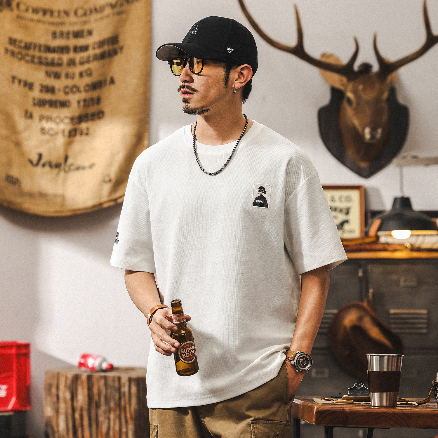 美式復古32支重磅肌理短袖男款T恤夏季寬鬆潮牌簡約刺繡男士上衣