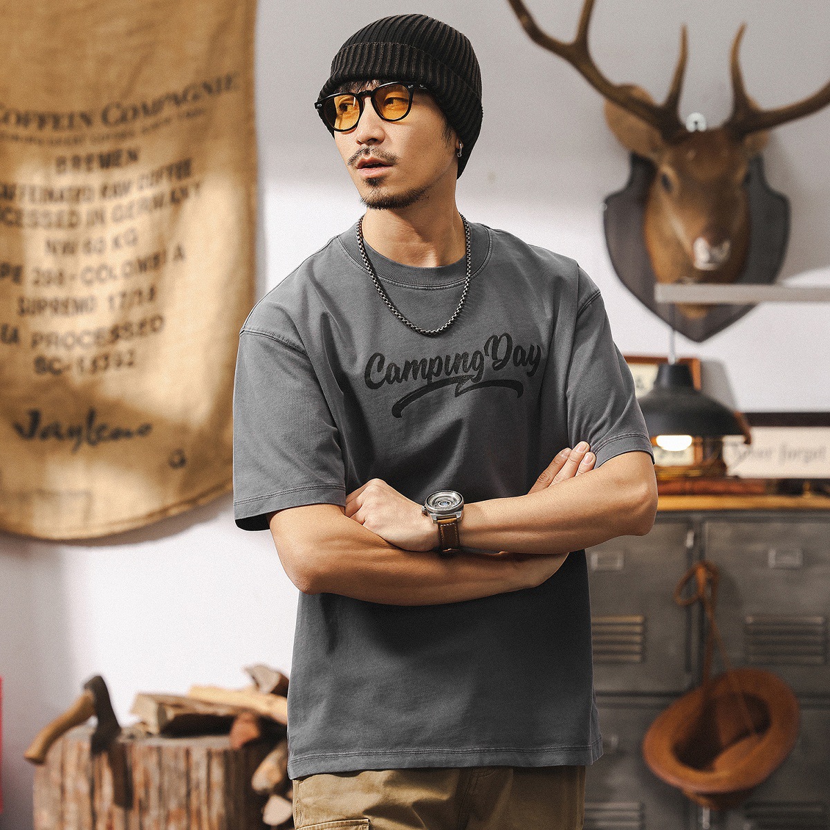 美式復古260g重磅短袖T恤男夏季2025新款潮流膠漿印花休閒上衣男T