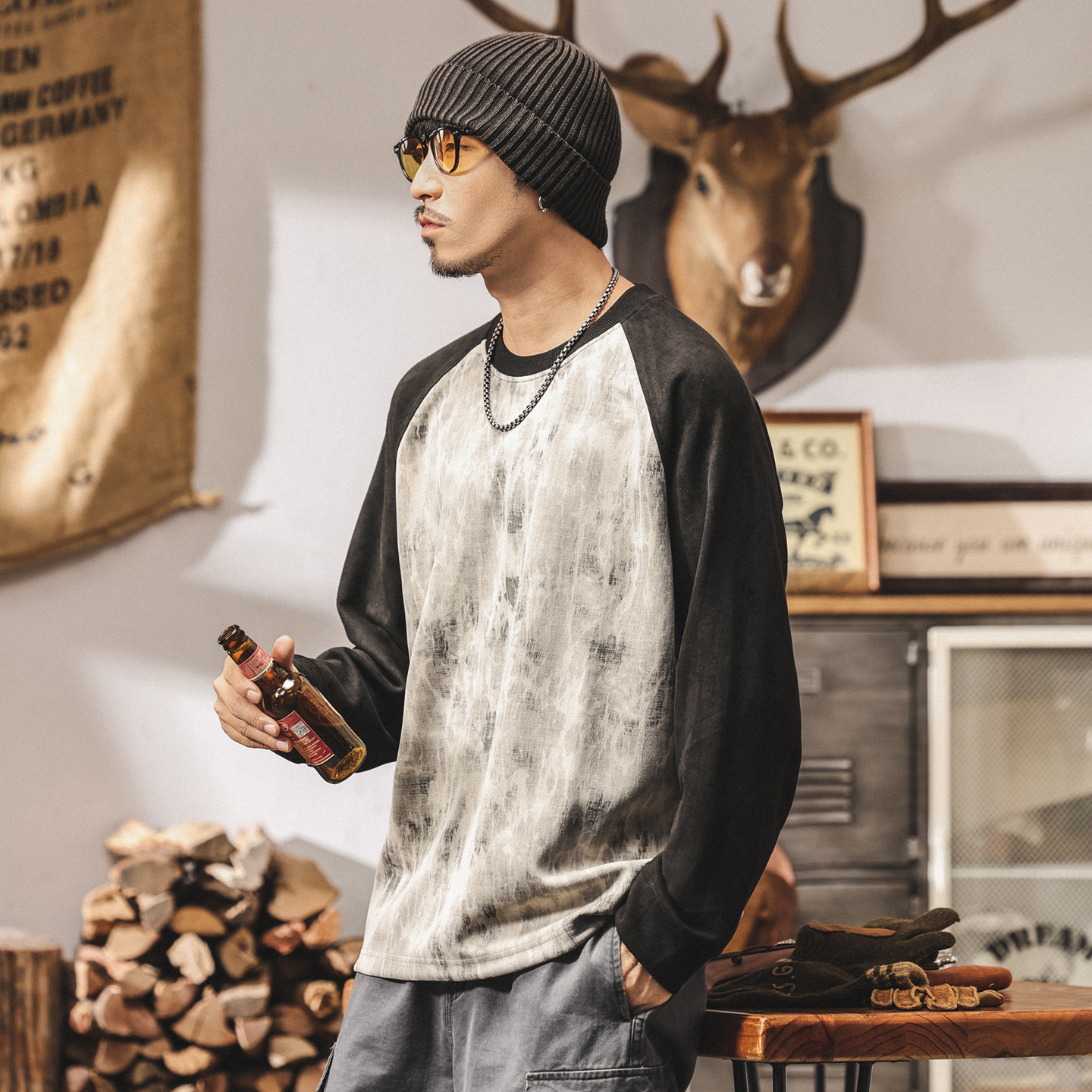 美式復古360g重磅空氣層麂皮絨衛衣男秋季新款插肩潮流長袖上衣男