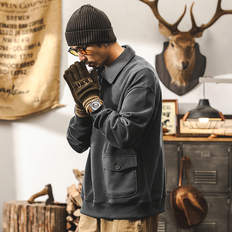 美式復古重磅保暖雙面絨衛衣男冬季潮牌半拉鍊POLO衫秋冬款外套男