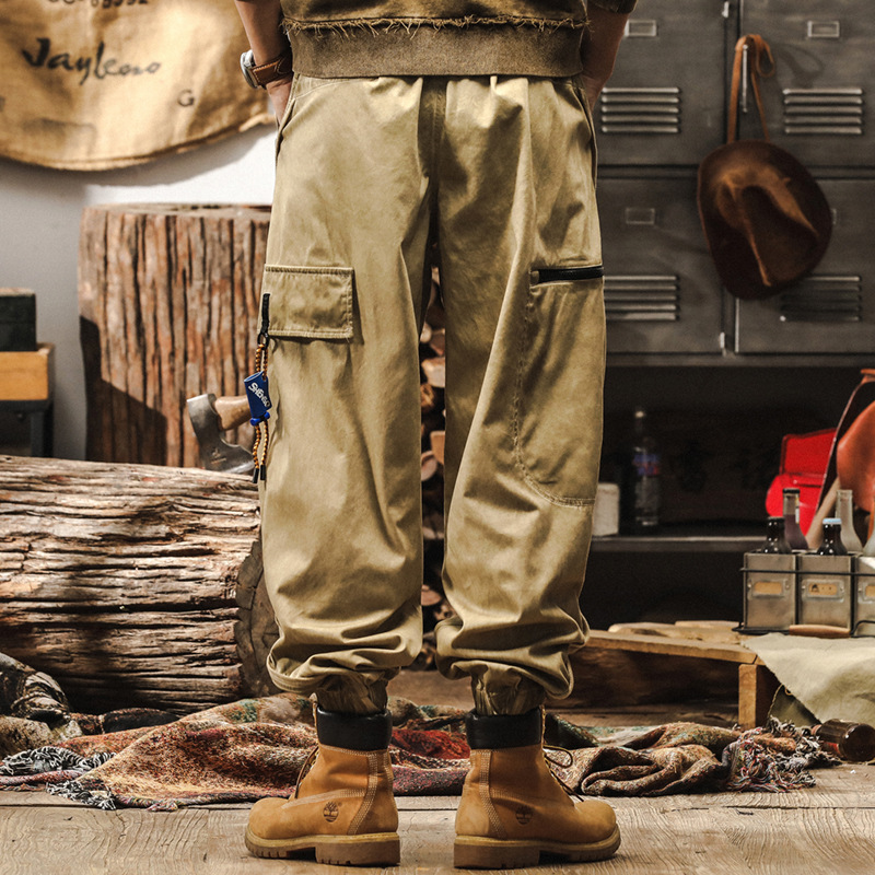 美式復古髒染做舊卡其色工裝褲男春季2025新款潮牌寬鬆闊腿休閒褲