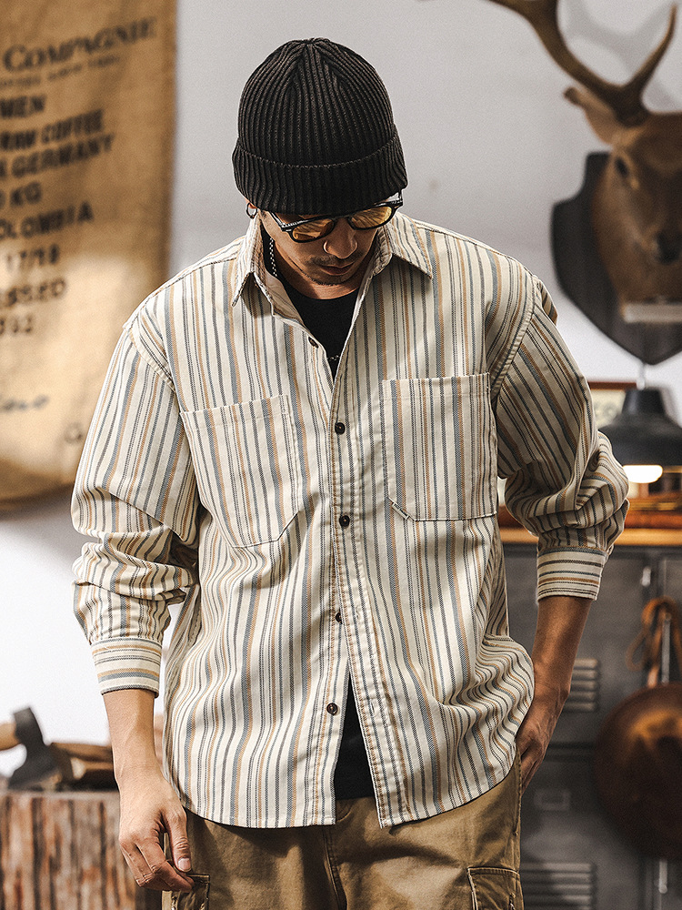 美式復古重磅條紋襯衫男長袖春季2025新款潮牌寬鬆休閒襯衣男外套