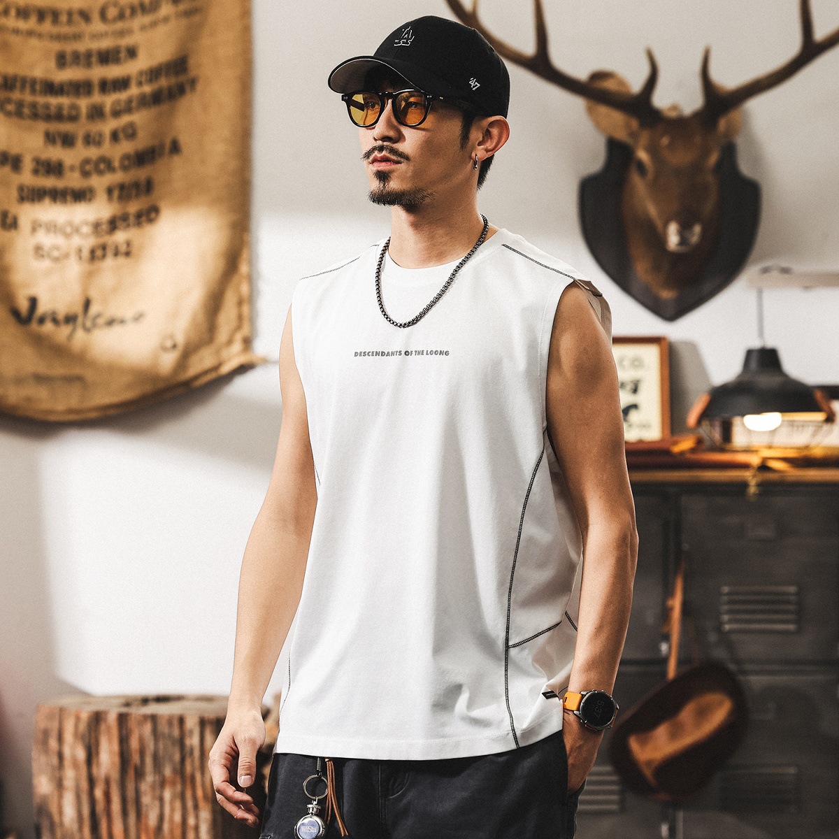 夏季無袖T恤男寬鬆透氣運動健身背心男款潮牌白色坎肩美式上衣男