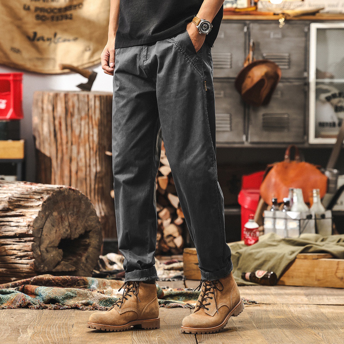 美式復古做舊洗褪工裝褲子男夏季寬鬆直筒長褲潮牌通勤百搭休閒褲