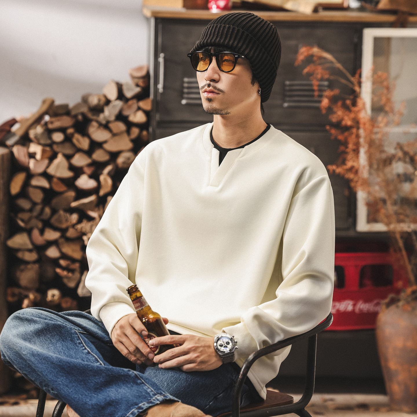 美式復古280g重磅衛衣男春秋2025新款假兩件V領長袖t恤秋季上衣男