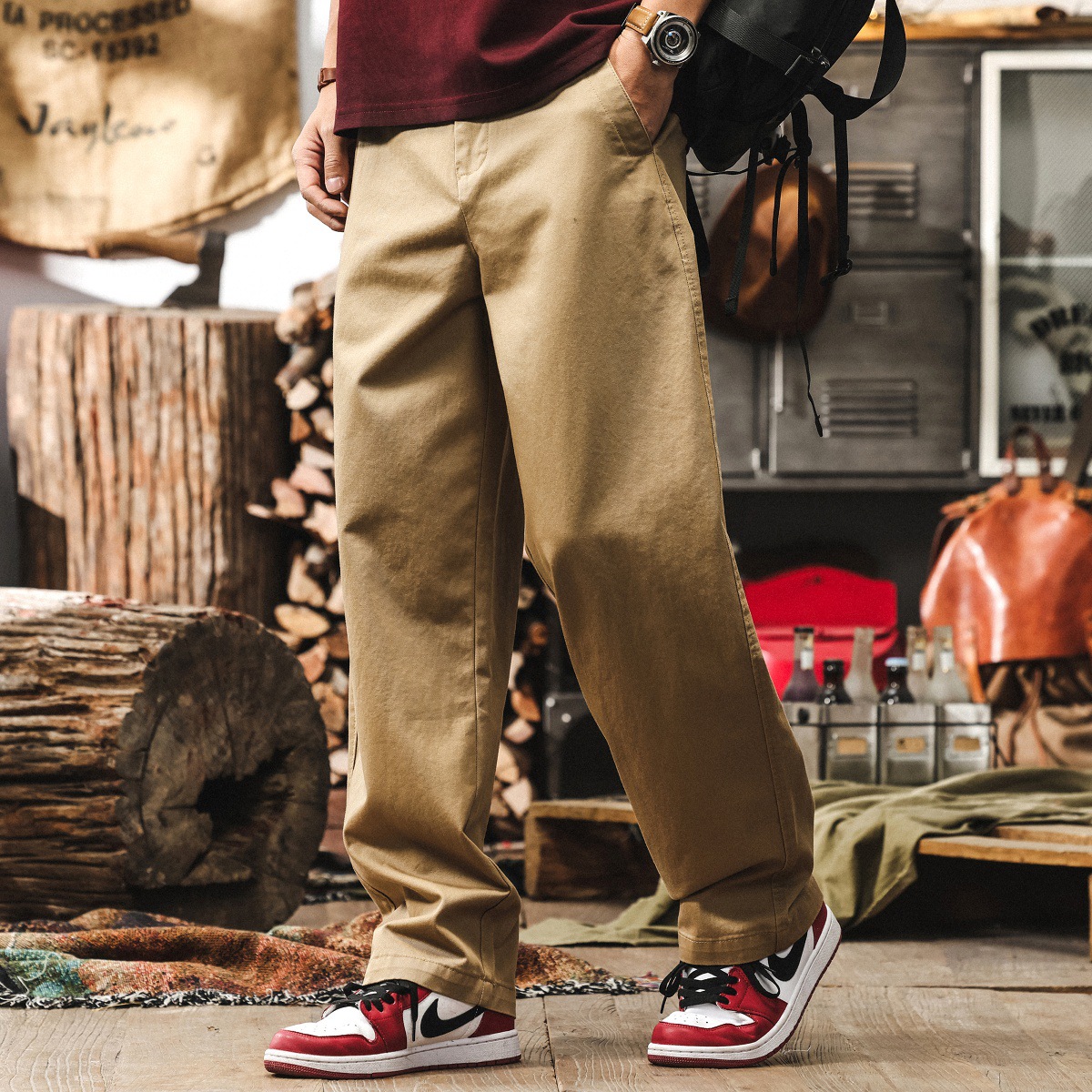 美式復古軍綠色褲子男潮牌直筒水洗闊腿工裝長褲男士寬鬆休閒褲男