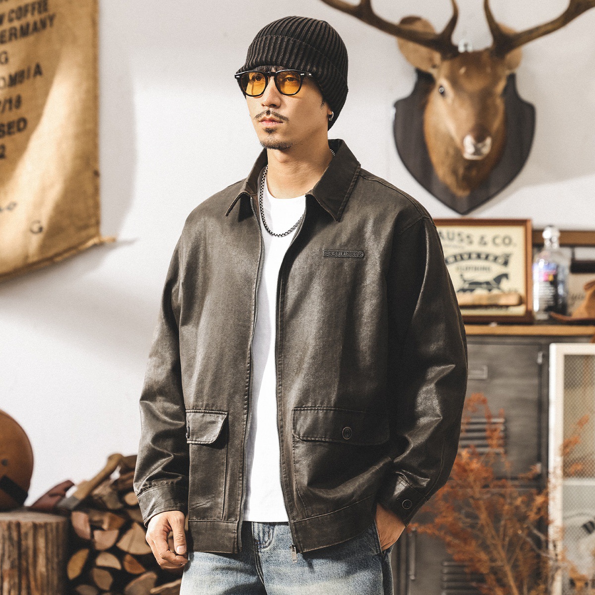 美式復古油蠟皮夾克男春季新款休閒寬鬆潮流古着帥氣大碼機車外套