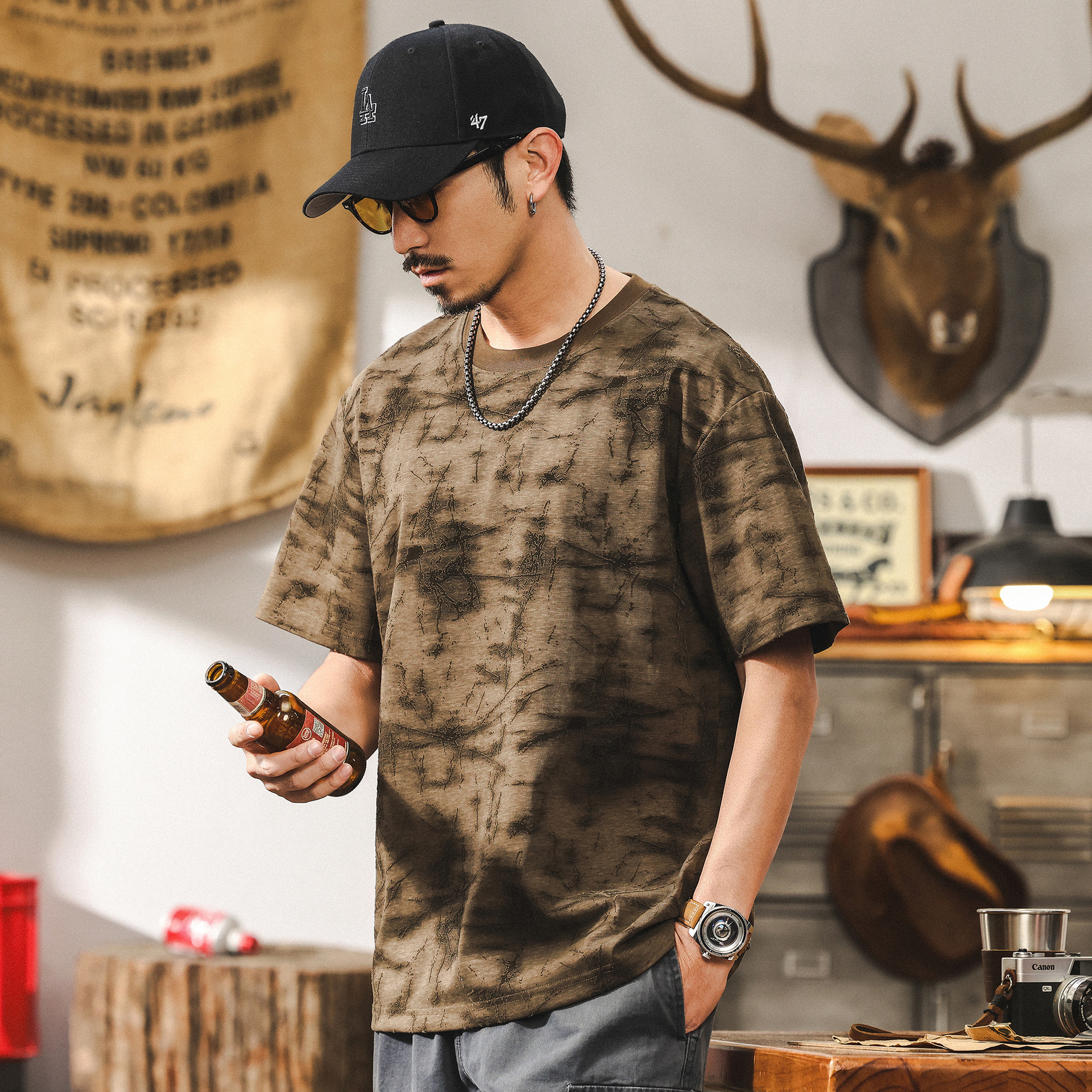 不規則植絨滿印T恤男夏季薄款短袖2025新款潮流美式復古體恤上衣T