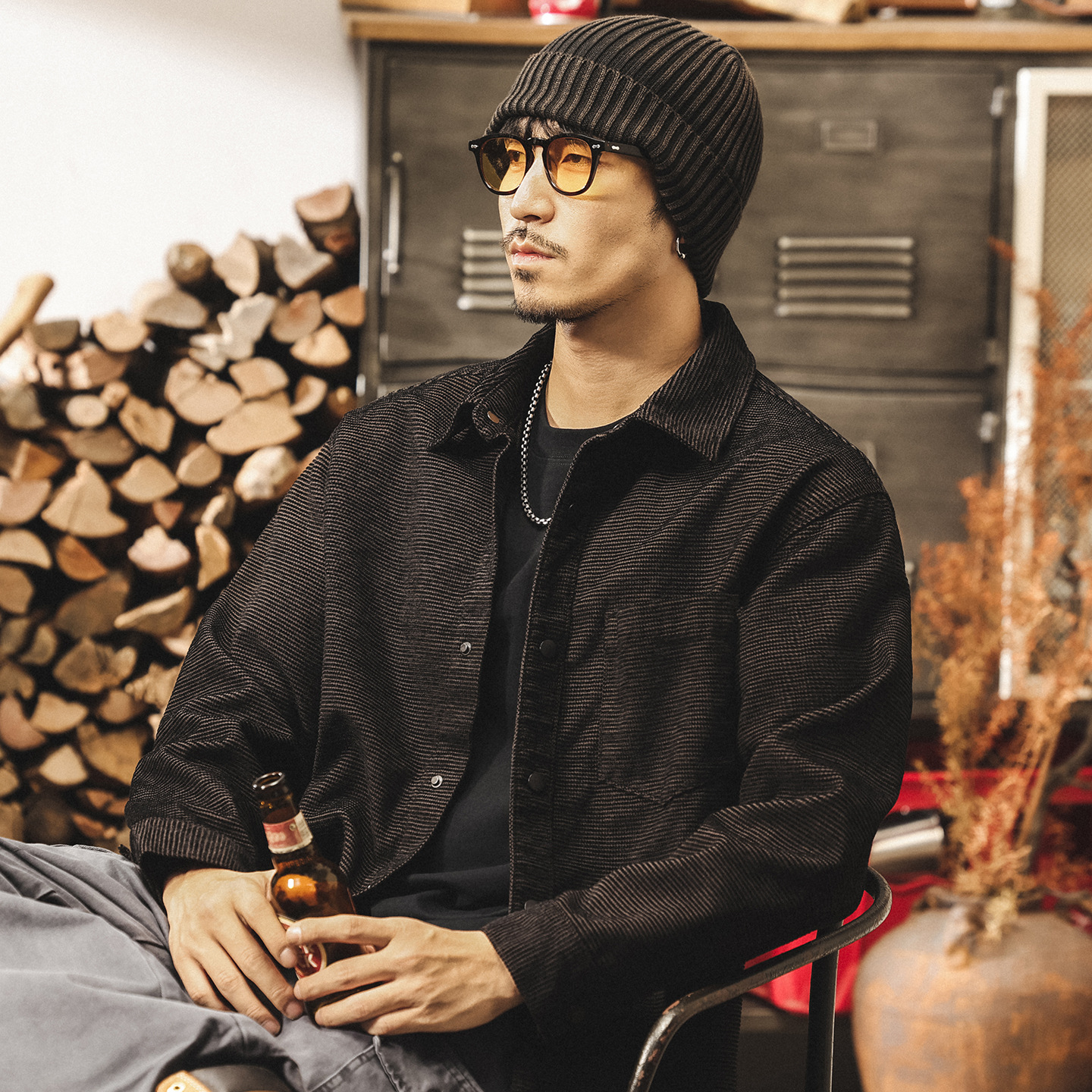 美式復古高級感雪尼爾提花條紋襯衫外套男春秋新款寬鬆休閒襯衣男