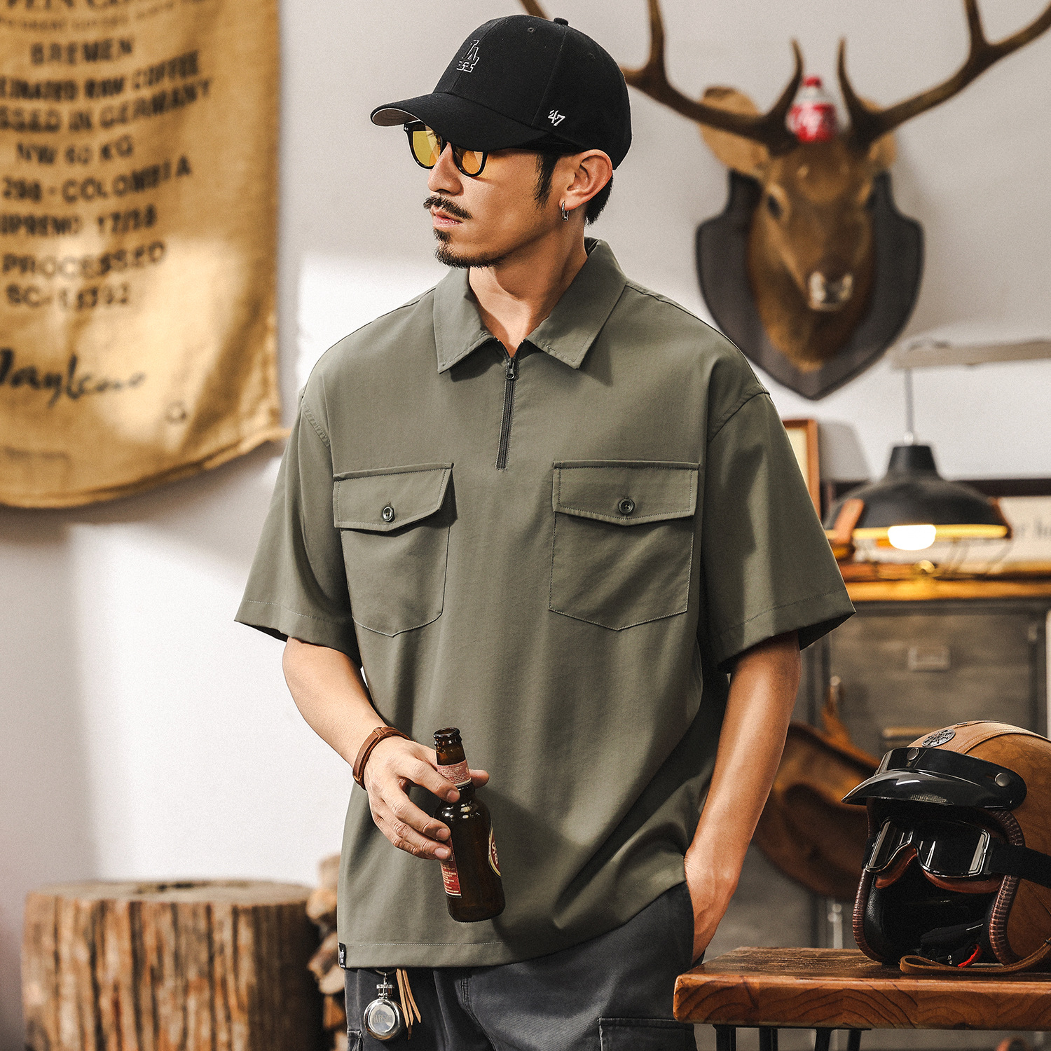 優可絲UPF50 防曬半拉鍊男士polo衫夏季短袖潮牌工裝寬鬆涼感T恤