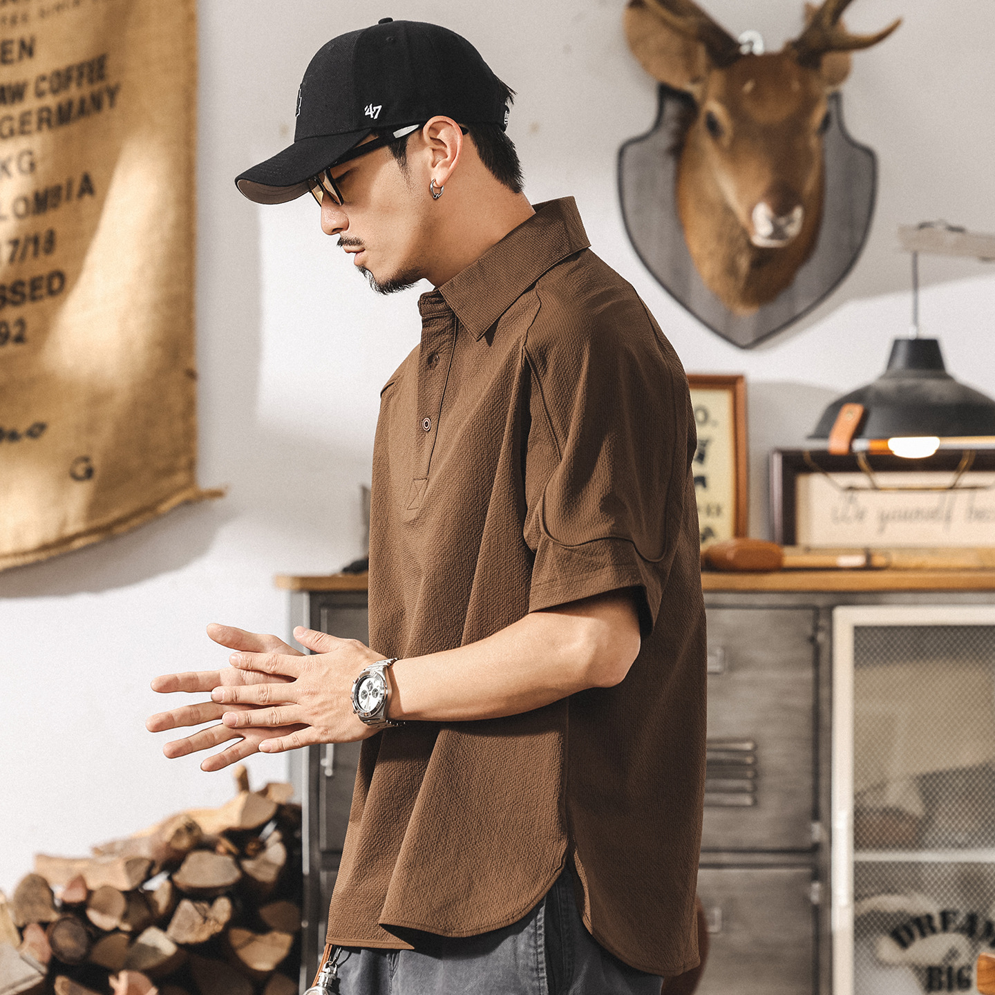 美拉德復古涼感速幹短袖男士Polo衫夏季潮牌高級感泡泡紗寬鬆上衣