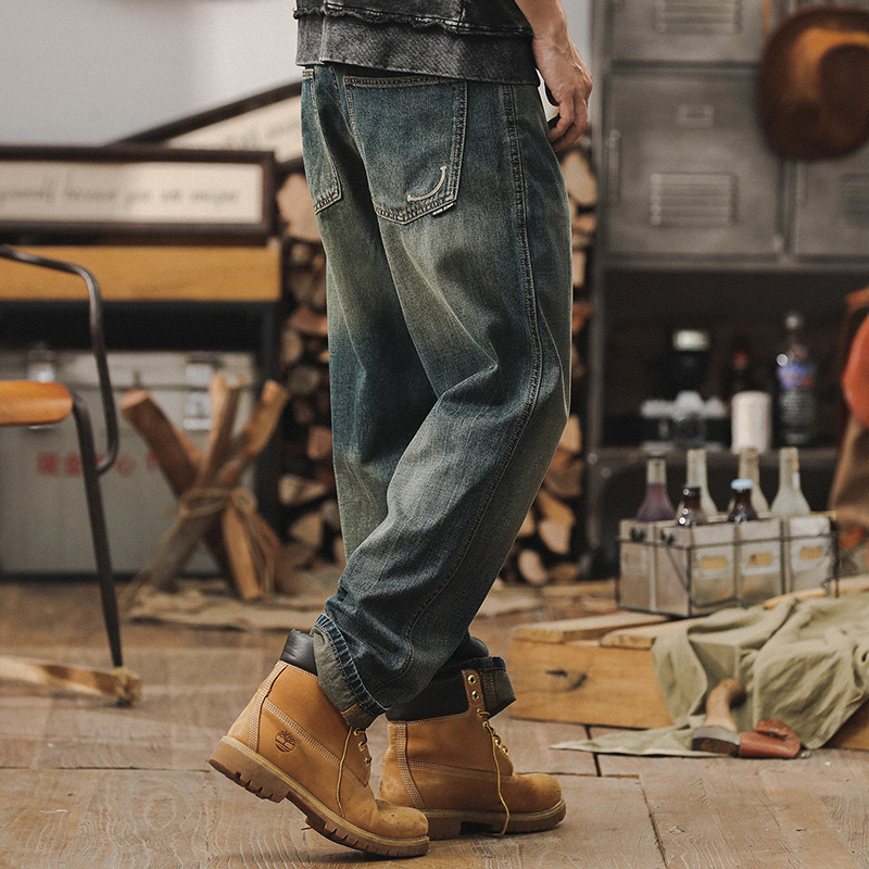 杰雷諾萊賽爾牛仔褲男直筒高端潮牌寬鬆闊腿褲復古水洗男士休閒褲