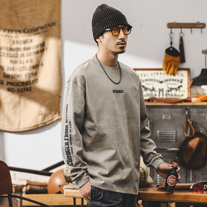 美式複古長袖T恤男春秋季做舊印花上衣T潮牌寬松休閑衣服男款潮流