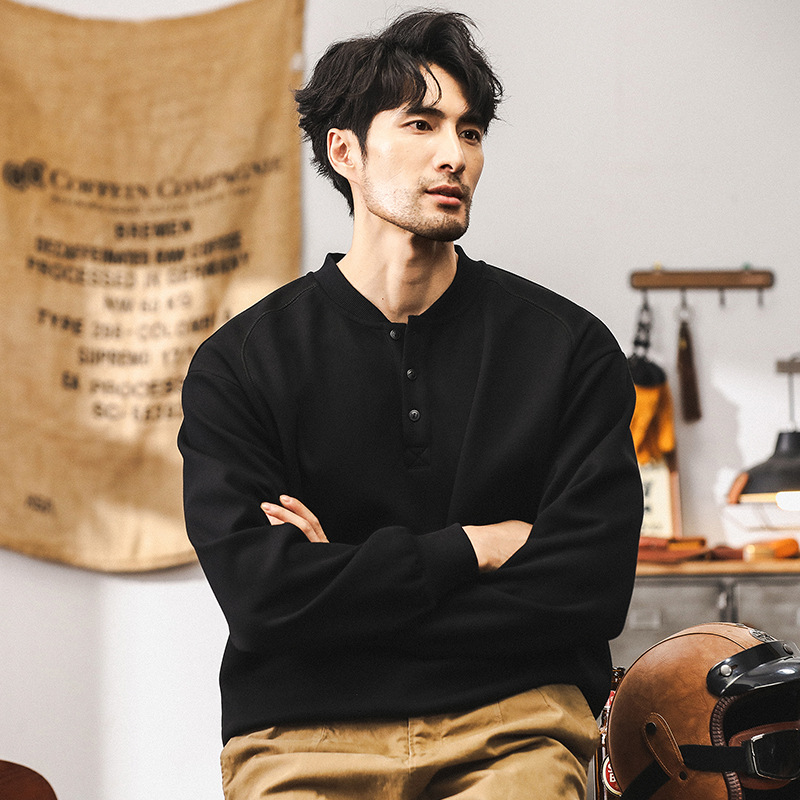 美式復古重磅衛衣男秋季潮牌亨利領半開衫外套男春秋款長袖POLO衫
