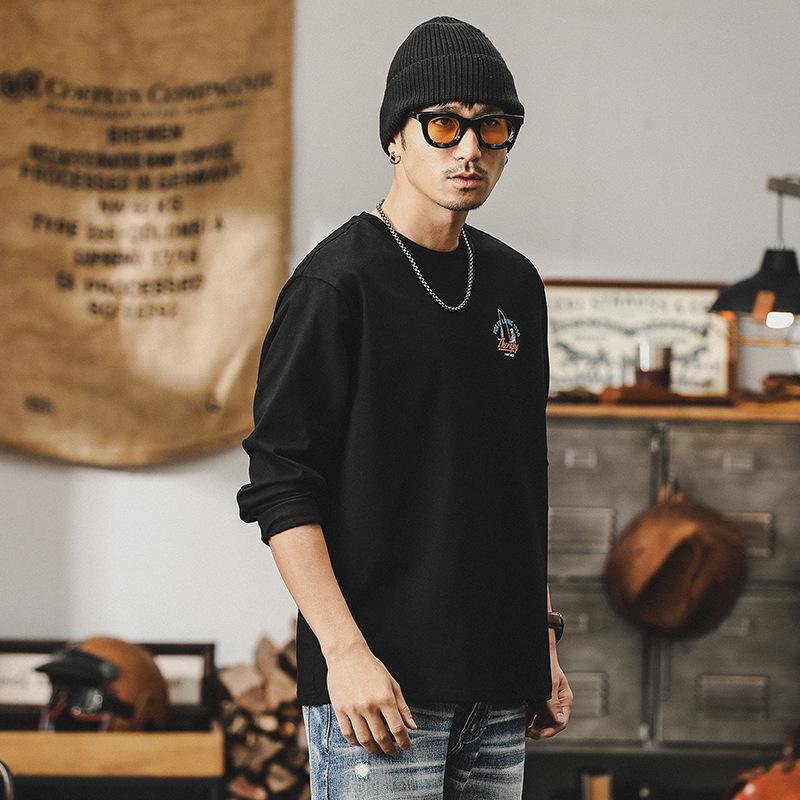 美式戶外釣魚印花重磅T恤男長袖2024新款男裝潮牌寬鬆上衣男