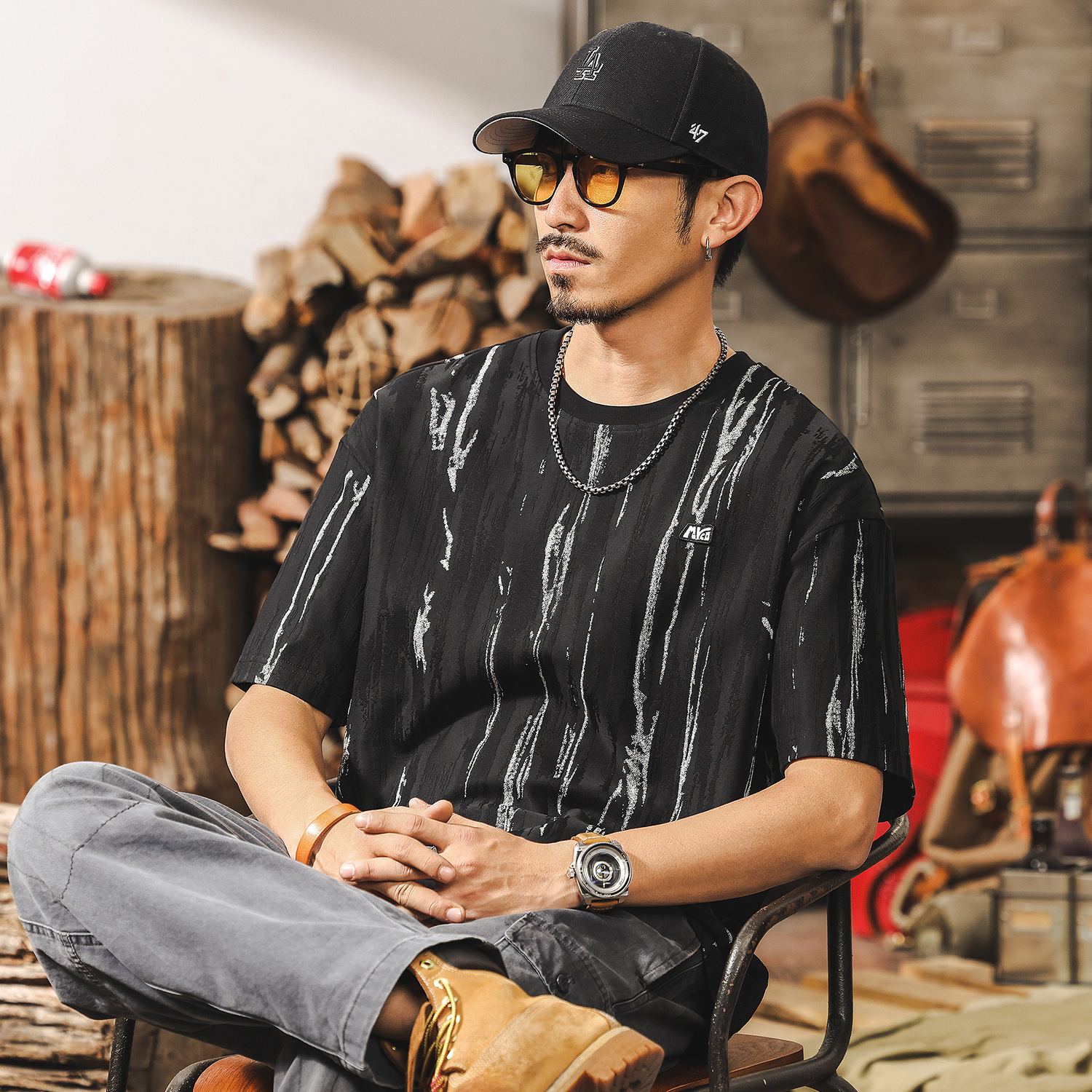 美式復古潮牌提花短袖T恤男夏季2025新款潮流高級感痞帥寬鬆上衣