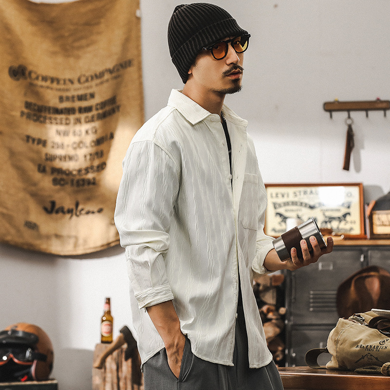美式高級感休閒襯衫男士長袖秋季2024新款寬鬆潮流白色襯衣外套男