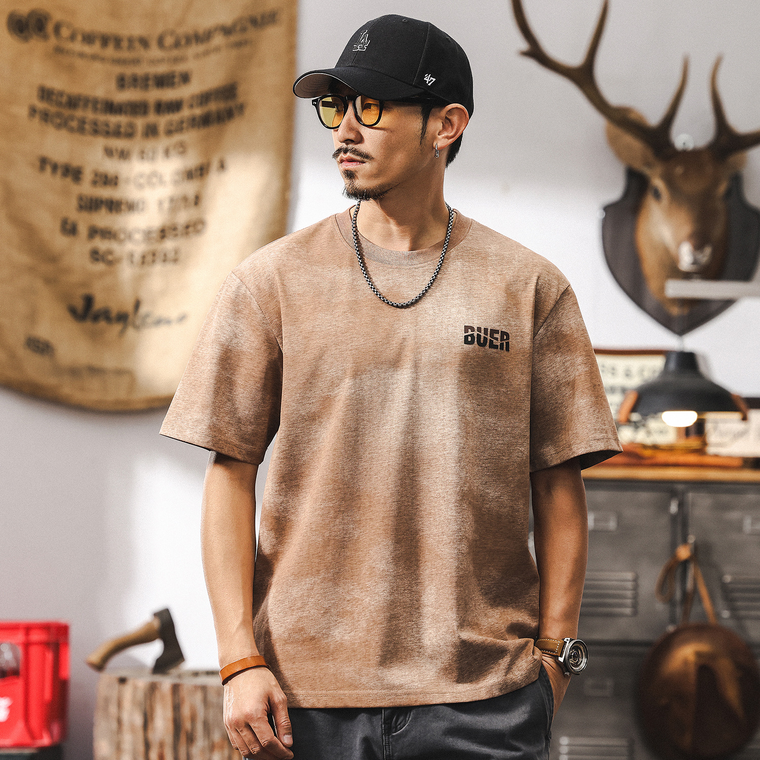 美式復古高級感雲染短袖T恤男夏季2025新款潮流寬鬆半截袖上衣男