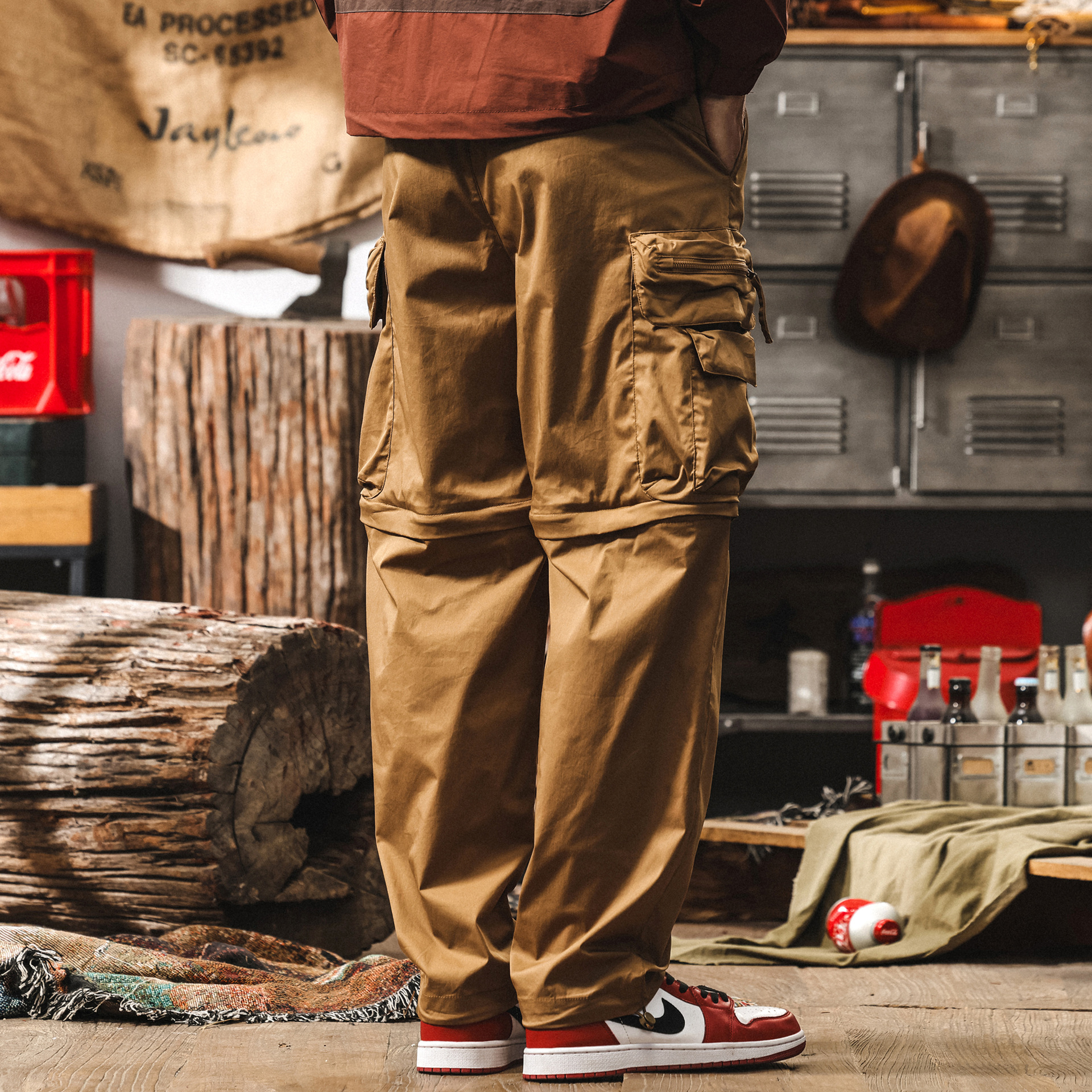 拼接可拆卸工裝褲男夏季涼感冰絲褲寬鬆直筒褲子男潮牌美式休閒褲