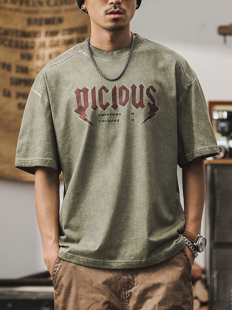 杰雷諾美式重磅水洗做舊T恤男短袖夏季寬鬆體恤臟染印花上衣