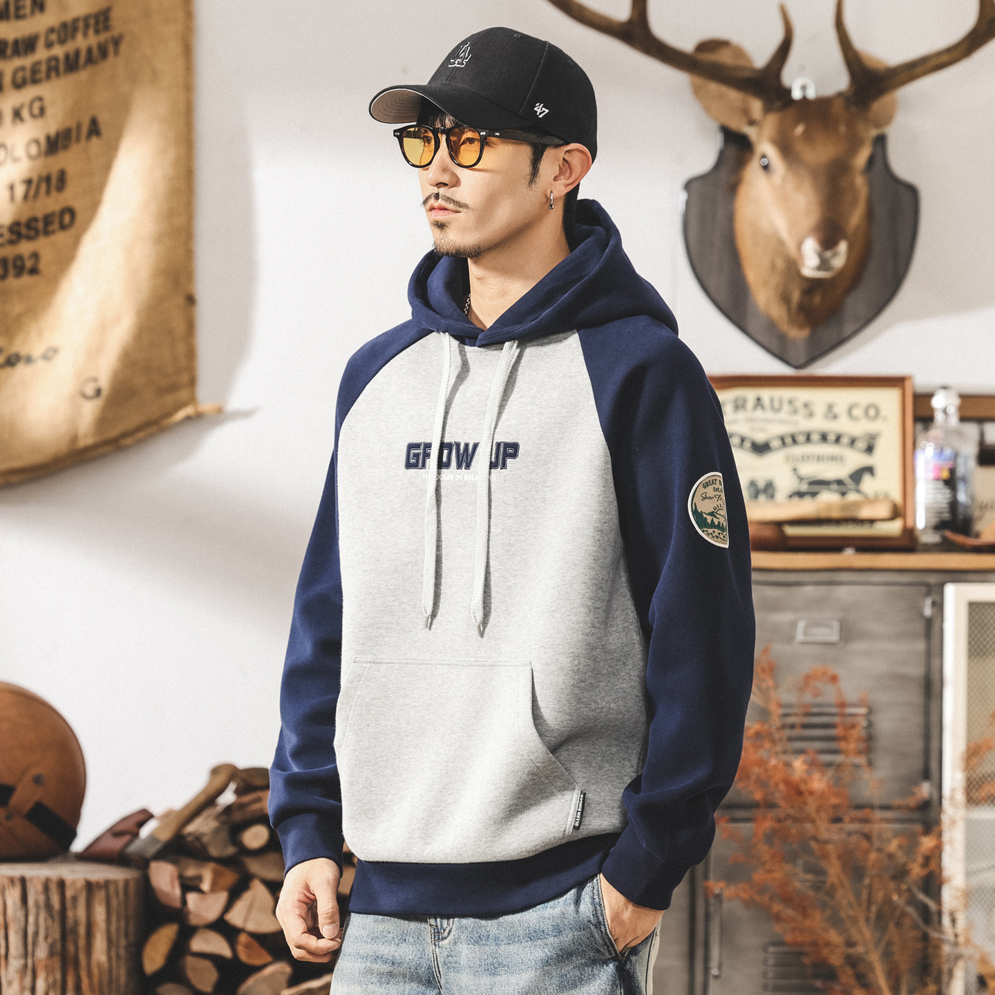 美式復古390g重磅衛衣男連帽刺繡山系潮牌拼接寬鬆休閒秋冬外套男