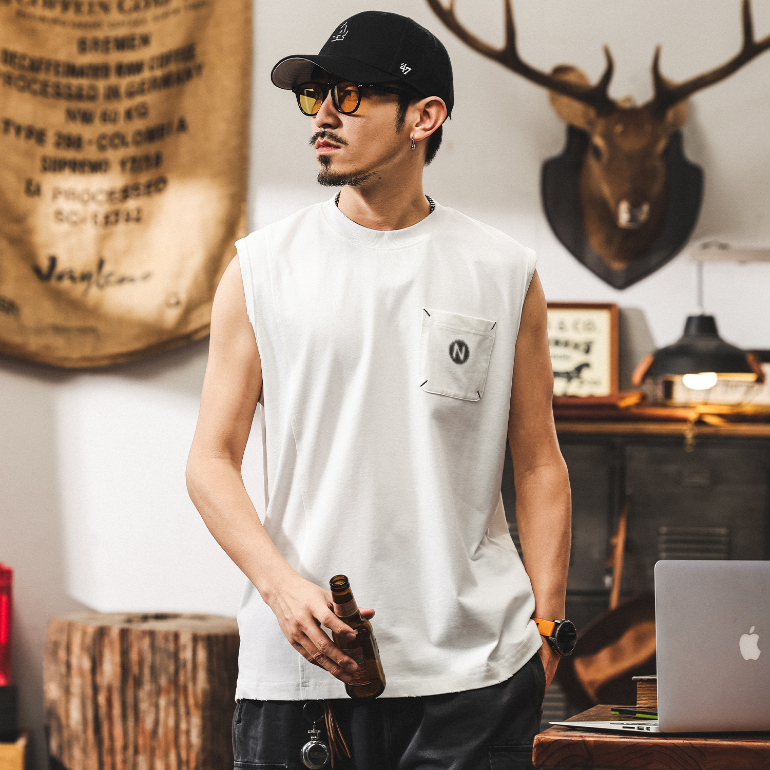 美式復古透氣運動健身背心男夏季無袖男T恤寬鬆白色坎肩上衣