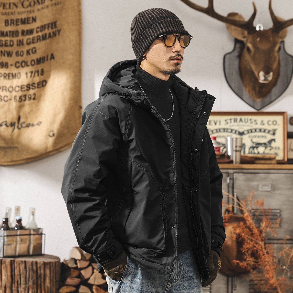 美式復古90白鴨絨工裝羽絨服男冬季山系戶外加厚連帽防寒保暖外套