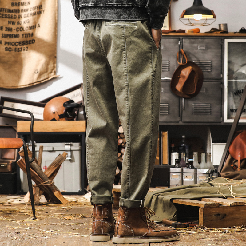 美式復古斜紋休閒褲男秋季潮牌經典寬鬆百搭長褲男士綠色工裝褲子