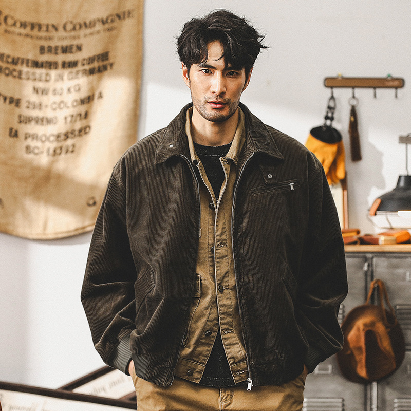 美式復古重磅燈芯絨外套男寬鬆秋季潮牌肌理痞帥硬核工裝教練夾克