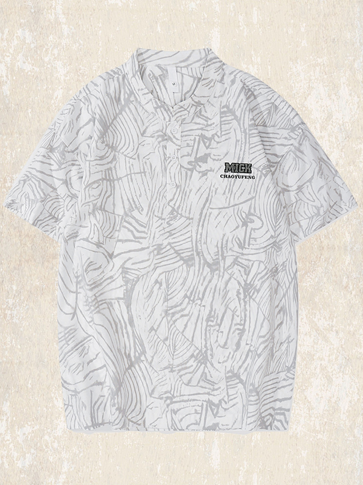 杰雷諾美式復古polo衫短袖男士夏季立領條紋寬鬆潮牌T恤上衣男裝T