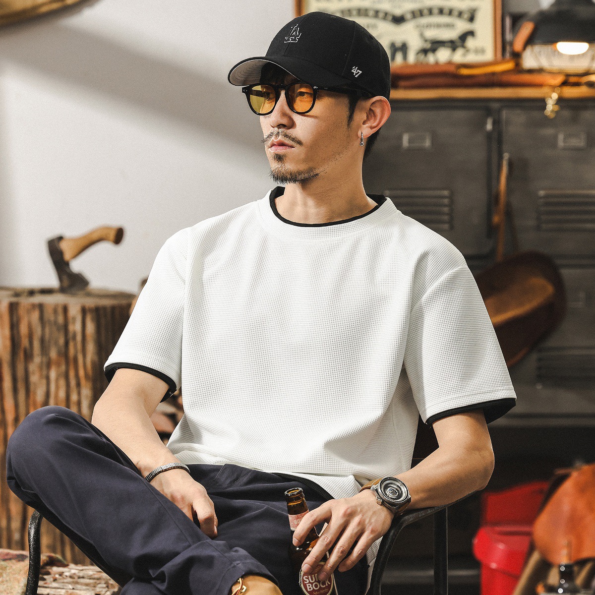 假兩件短袖T恤男夏季新款潮牌華夫格肌理感體恤寬鬆大碼男士上衣T