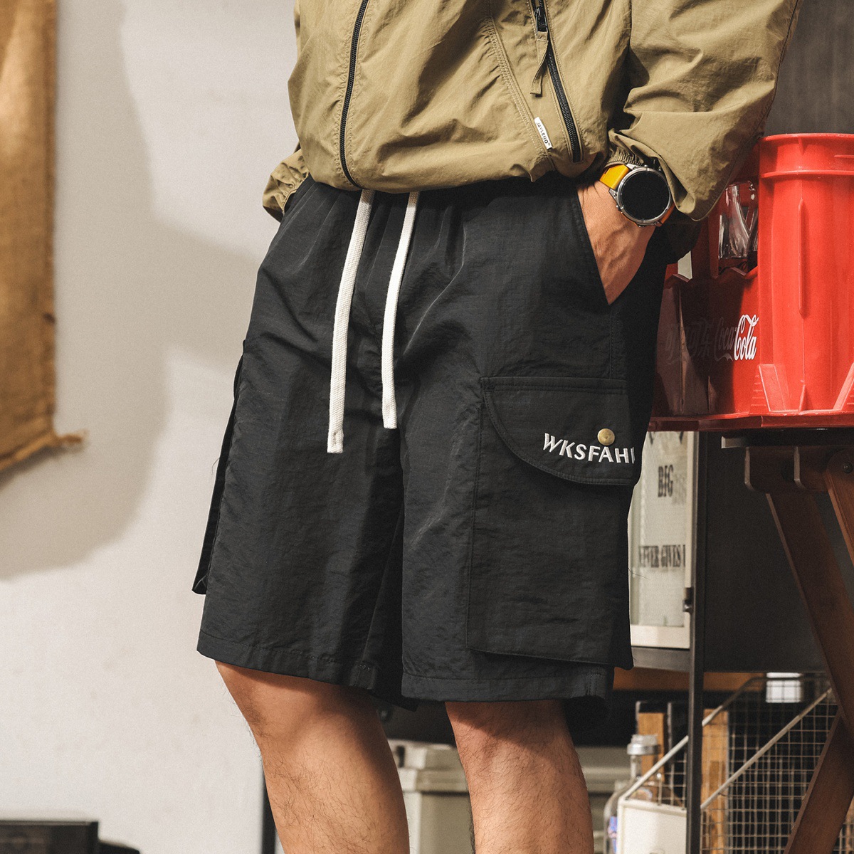 美式復古冰絲短褲男夏季新款潮牌工裝五分褲立體口袋寬鬆休閒中褲