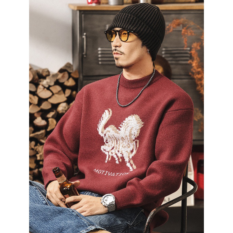美式復古重磅絨感紅色毛衣男款冬季加厚保暖毛線衣寬鬆男士針織衫
