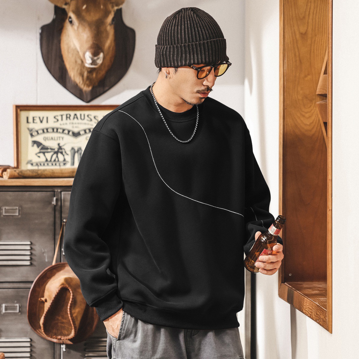 美式復古420g重磅圓領衛衣男春秋2025新款明線分割寬鬆紫色上衣男