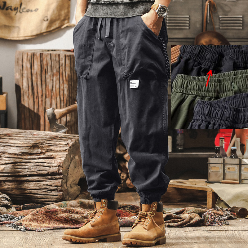 美式復古卡其色工裝褲子男秋季寬鬆闊腿褲新款戶外潮牌男士休閒褲