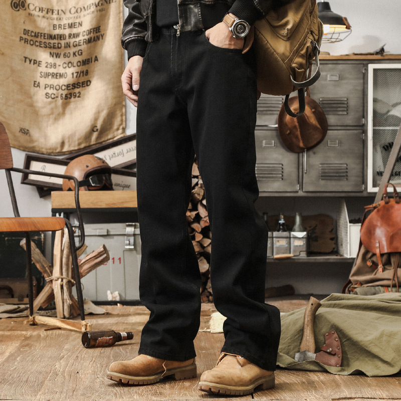 美式復古黑色牛仔褲男2024新款休閒長褲寬鬆直筒加絨男士秋冬褲子