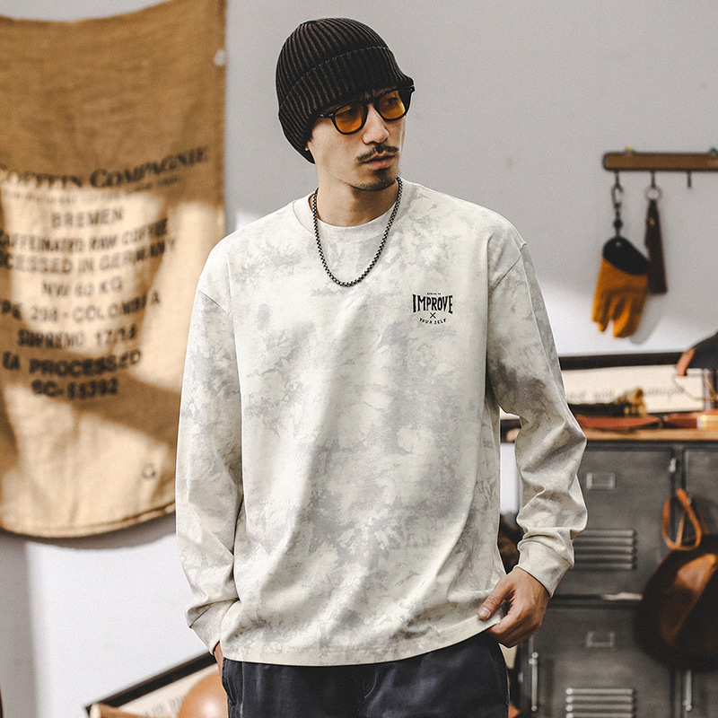 美式複古雲染水洗長袖T恤男秋季潮牌重磅設計感寬松休閑上衣男款T