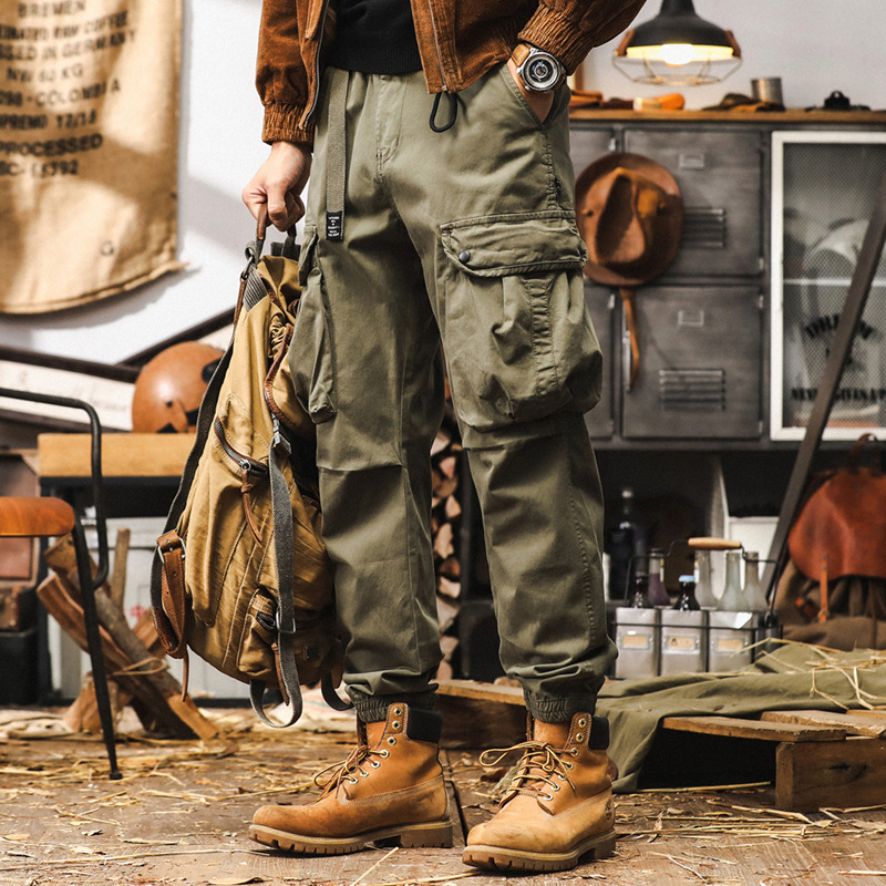 美式復古工裝褲子男秋季寬鬆潮牌束腳戶外獵裝機能大口袋休閒褲男